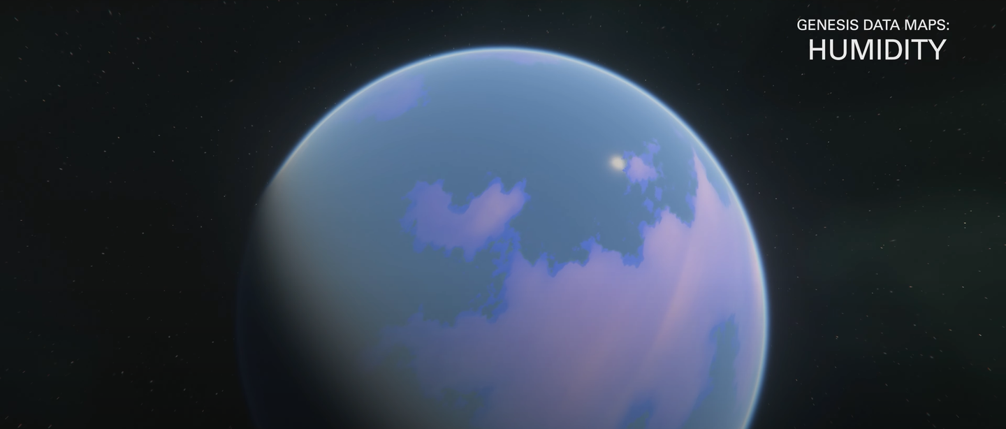 A blue and purple planetary data view labeled Genesis Data Maps: Humidity.
