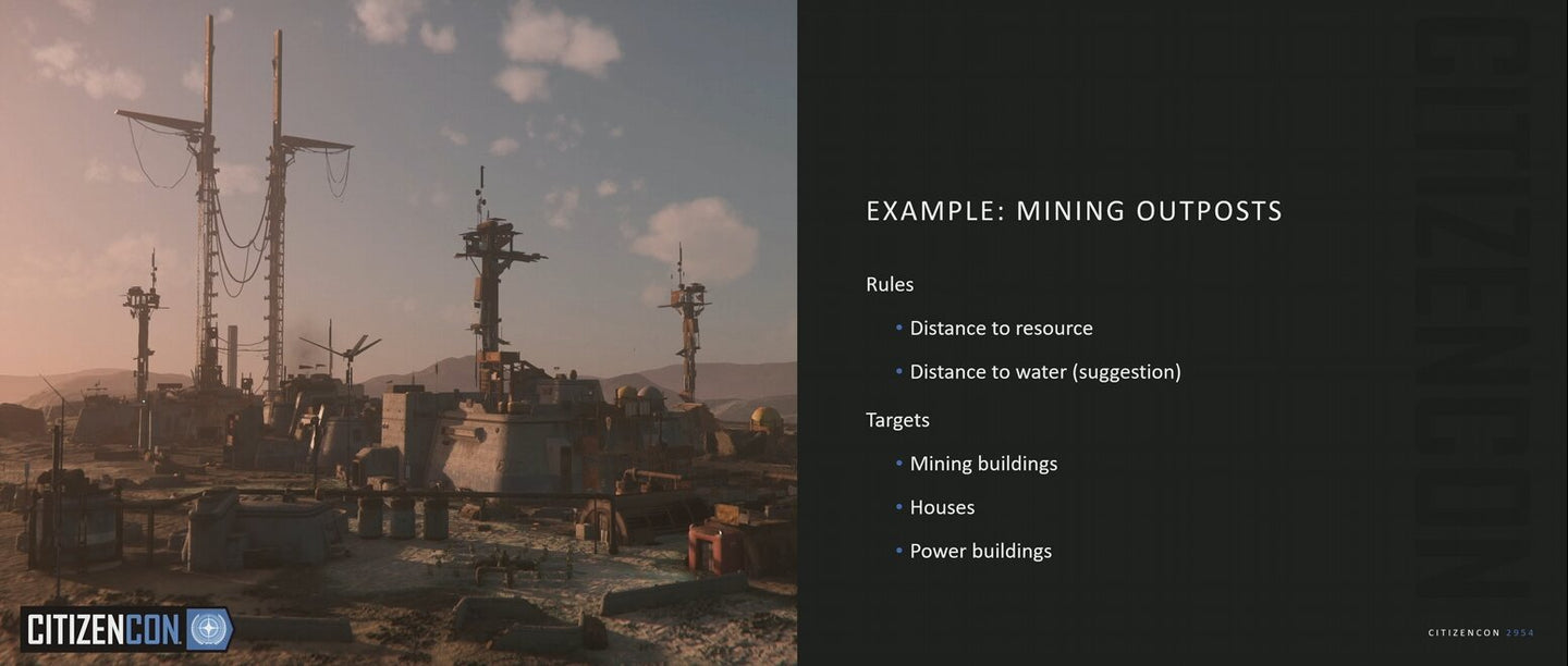 A mining settlement with tall industrial towers beside CIG’s example placement rules and target building types.