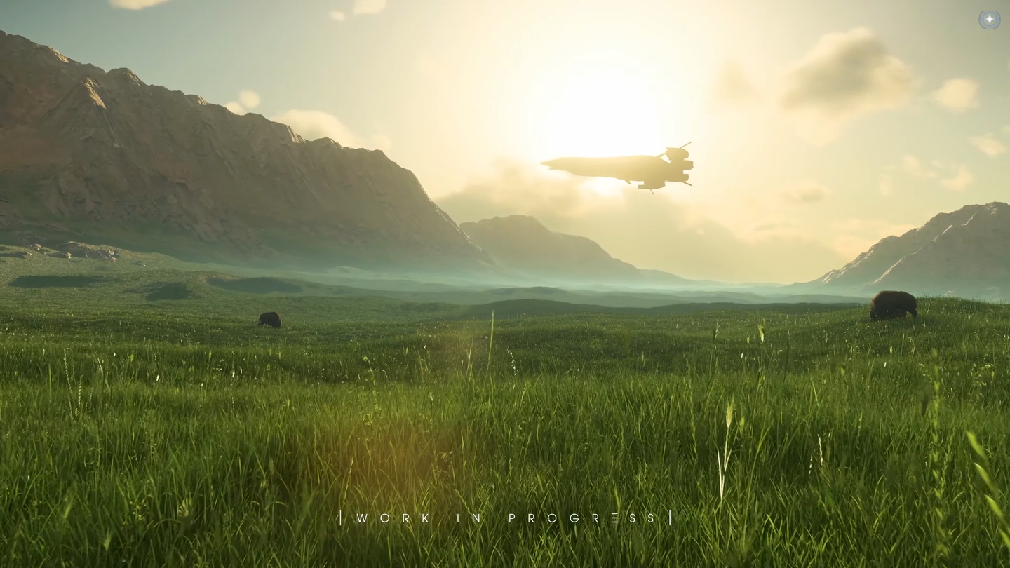 A spacecraft flies above green grassland between mountain ranges in warm evening light.