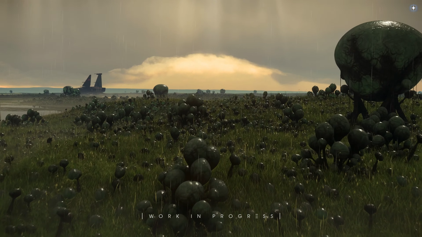 Rain falls across grass and bulbous plants with wet, reflective surfaces; a ship stands in the distance.