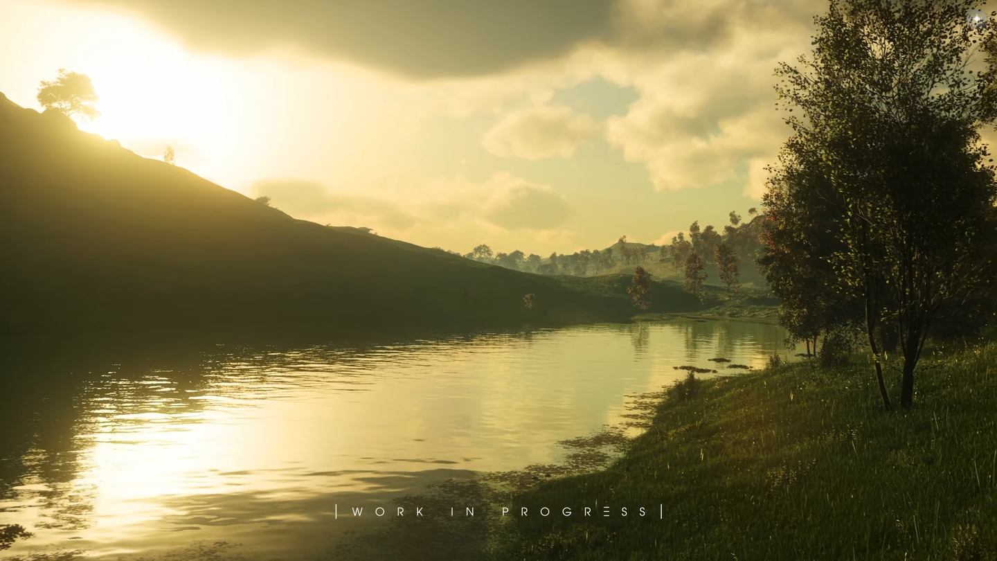 Sunlight reflects off a river between grassy hills and trees, with a work-in-progress label.