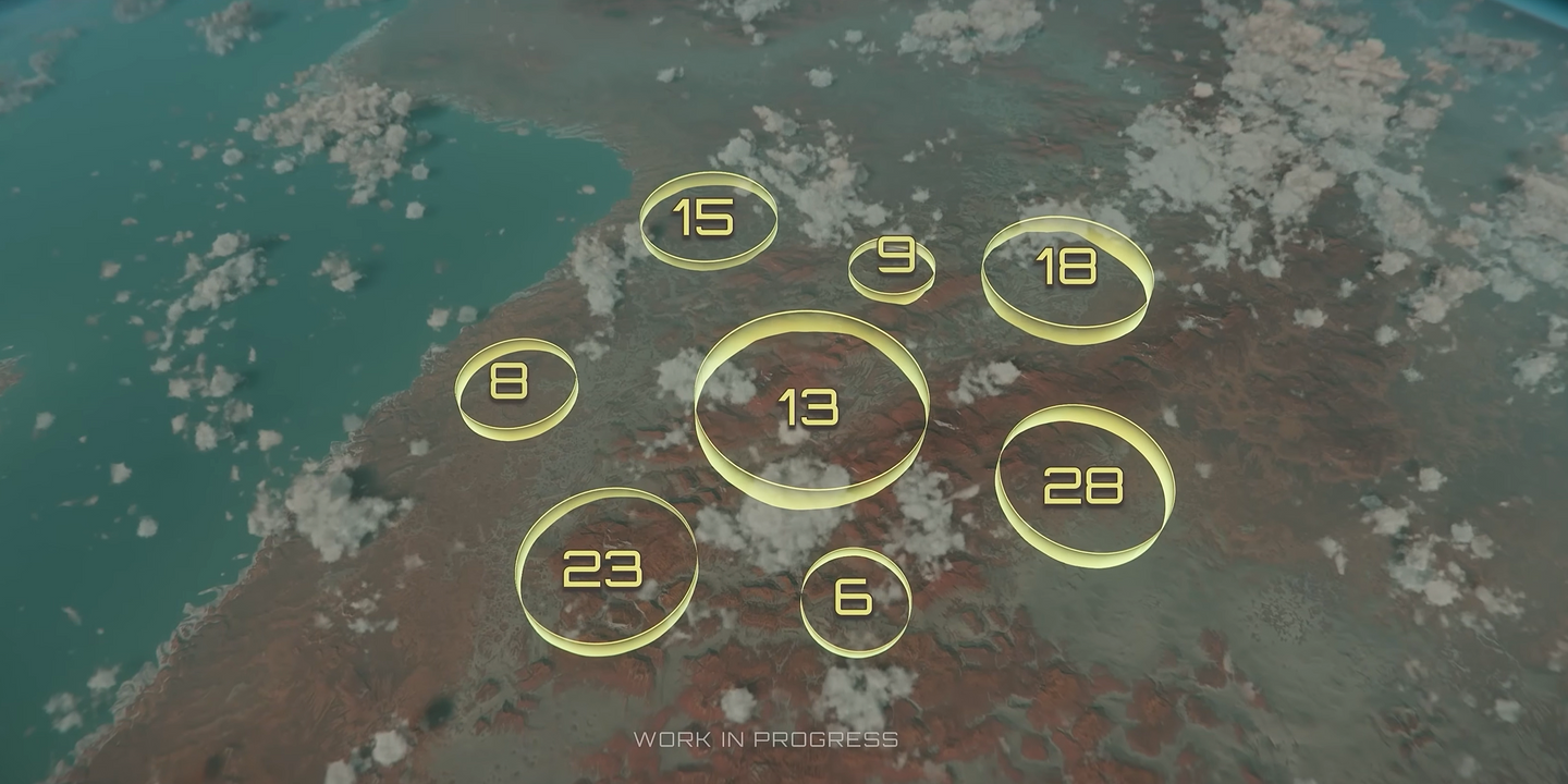 A planetary surface with yellow circles showing different example location counts.