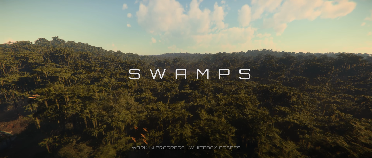 Aerial view across swamp trees in warm light, with the title Swamps and a work-in-progress label.