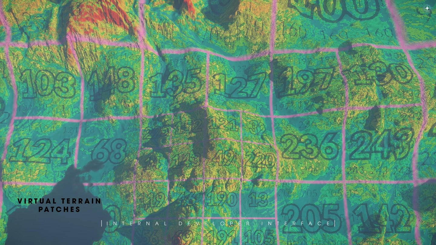 A colored debug overlay divides the terrain into numbered virtual terrain patches.