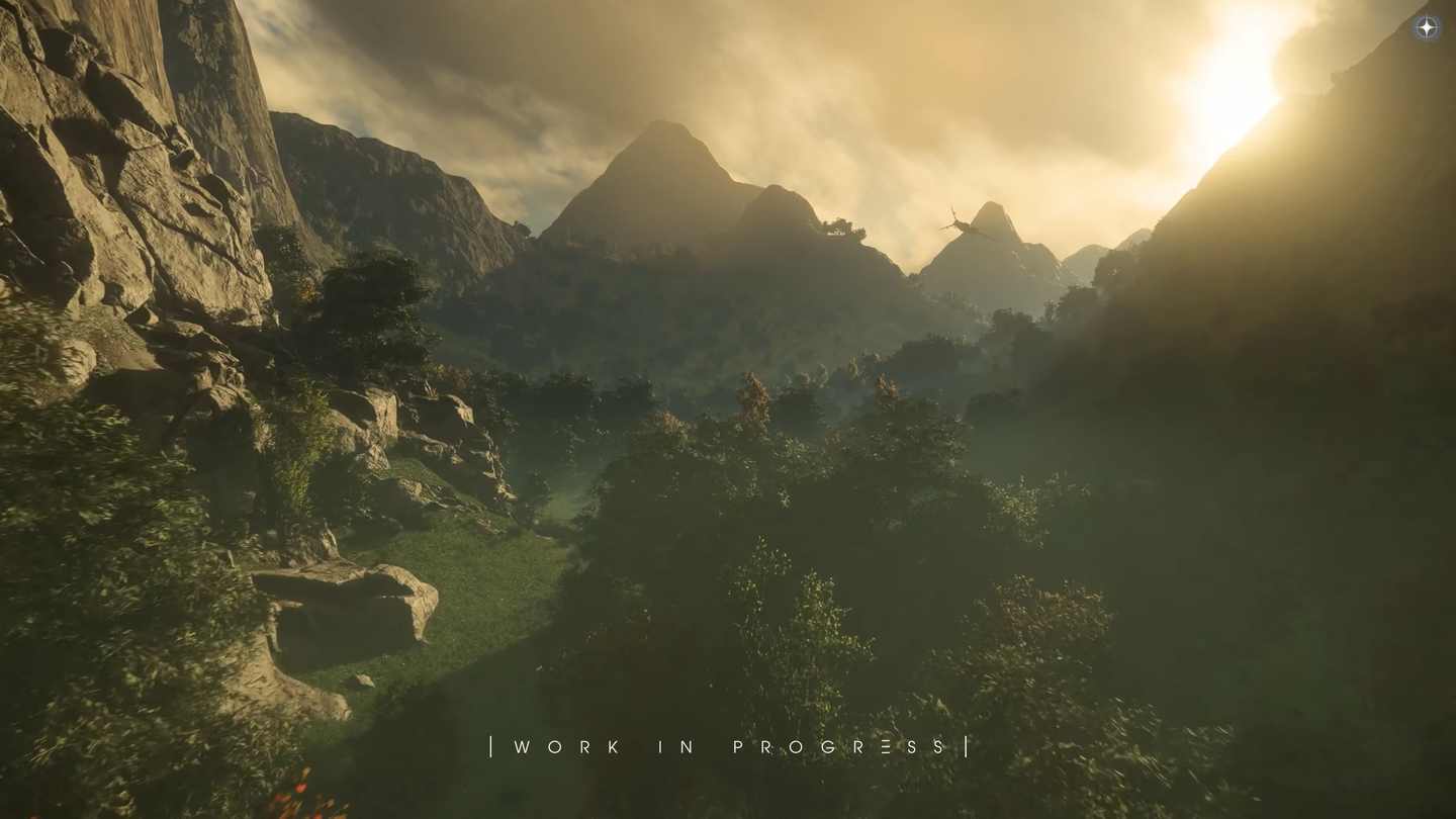 A wooded valley winds between steep rock faces as a small spacecraft flies above the trees.