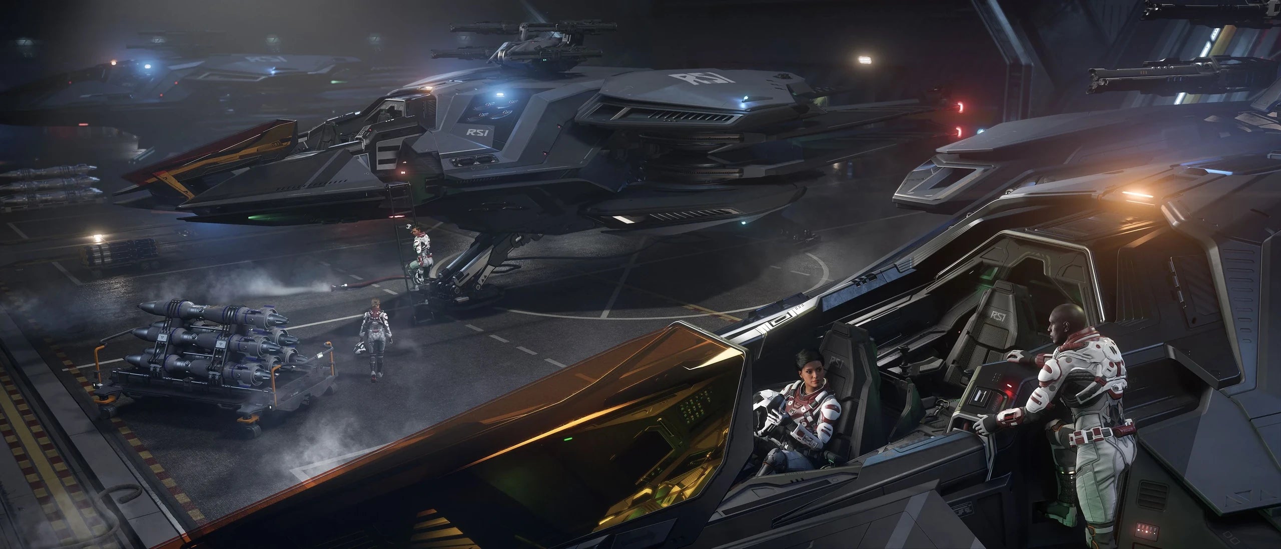 Scorpius - loading up crew and armaments in hangar in Star Citizen