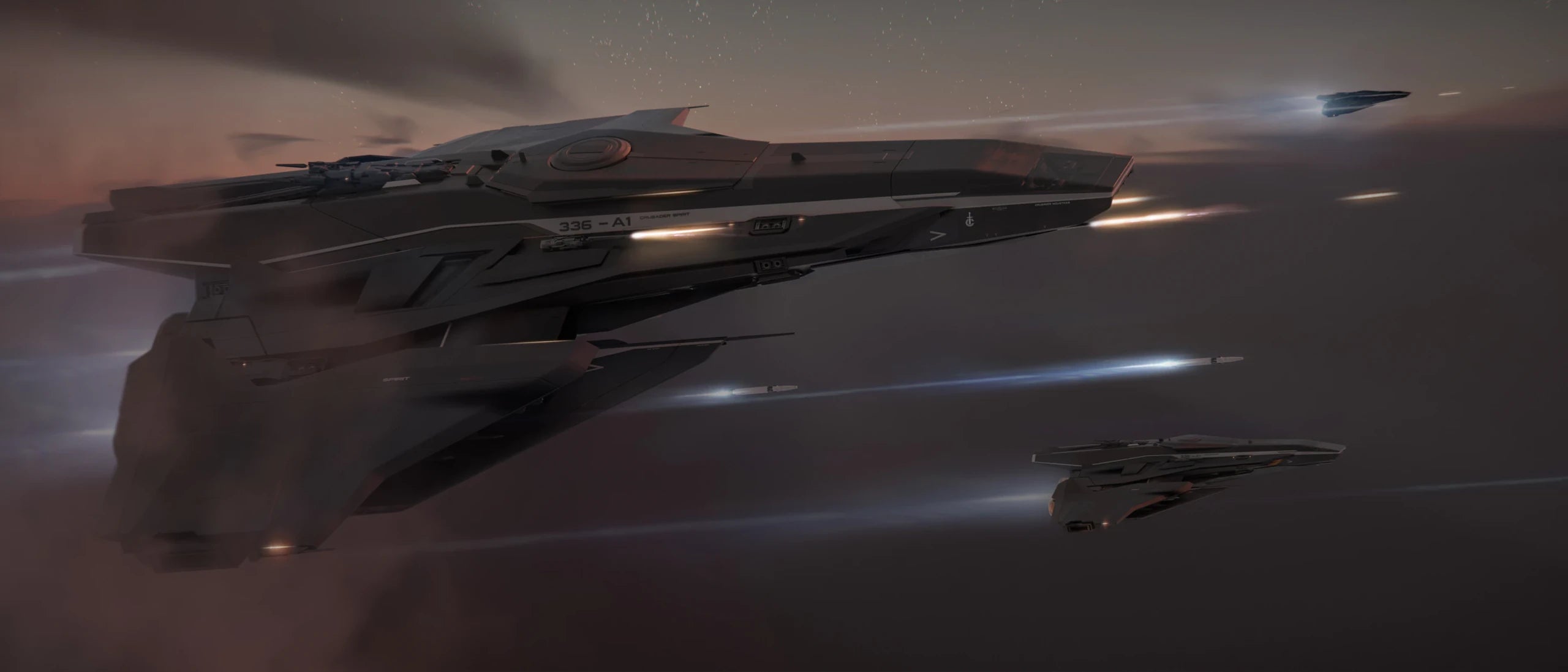 Spirit A1 - Spirit x3 flying in formation fast over clouds - 16:9 cut in Star Citizen