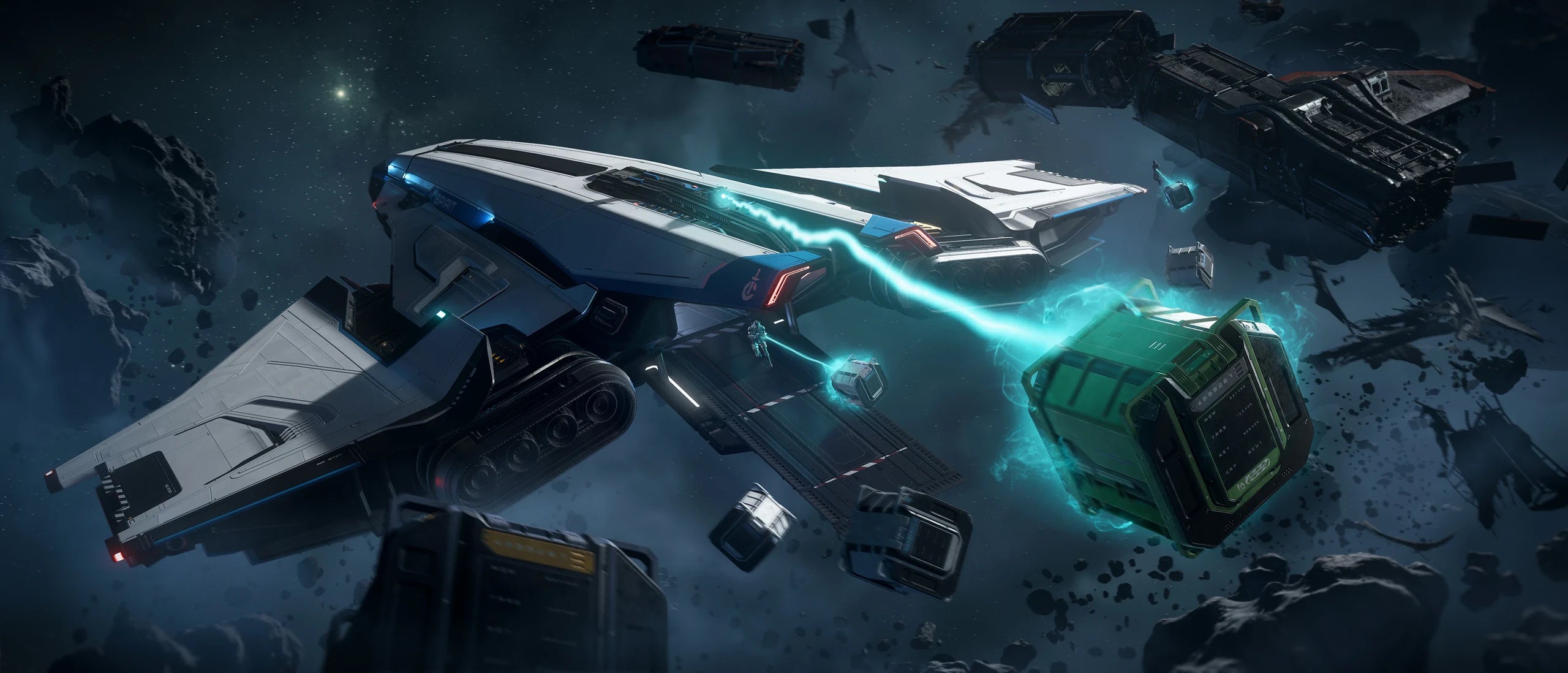 Spirit C1 - beside ship wreck with tractor beams in Star Citizen