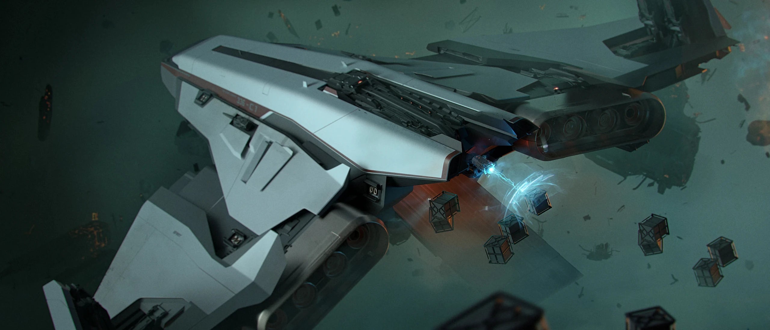Spirit C1 - with tractor beam collecting loose cargo in Star Citizen