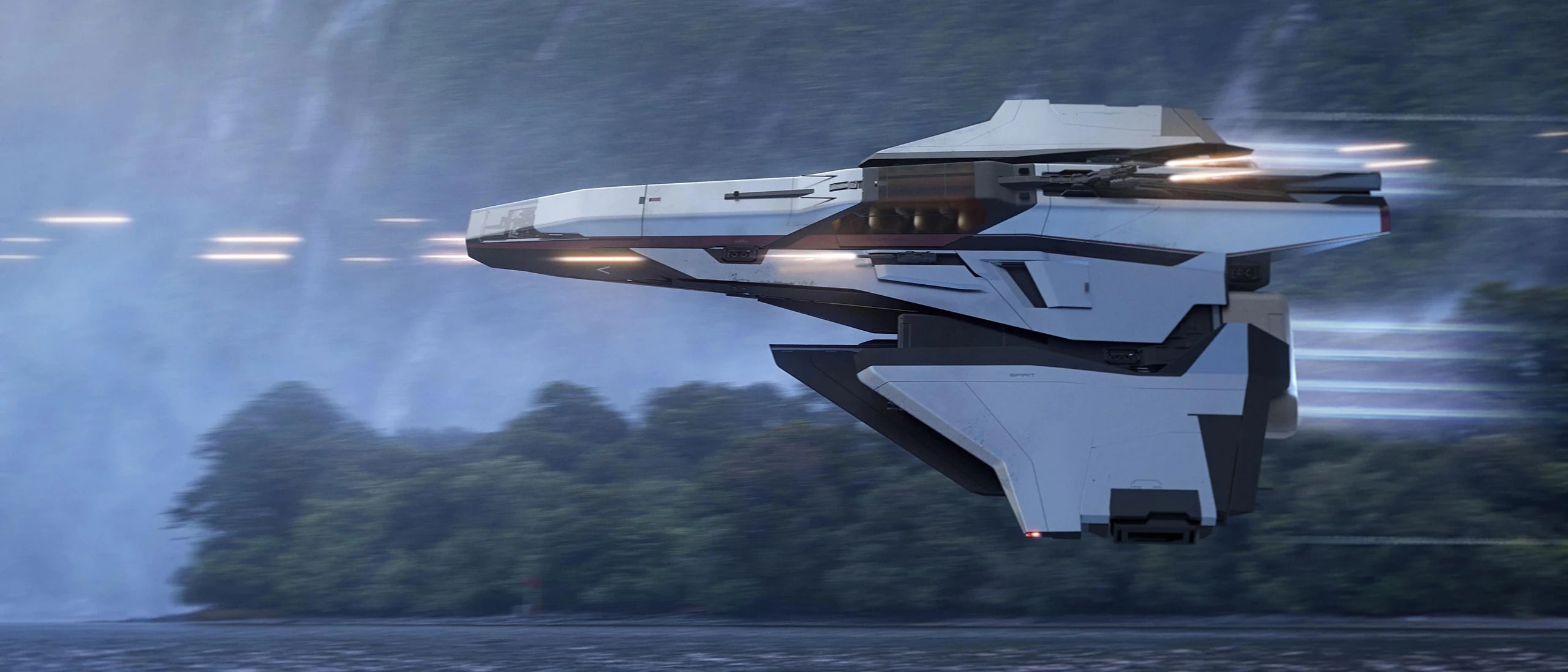 Spirit E1 - flying fast over water firing guns in Star Citizen
