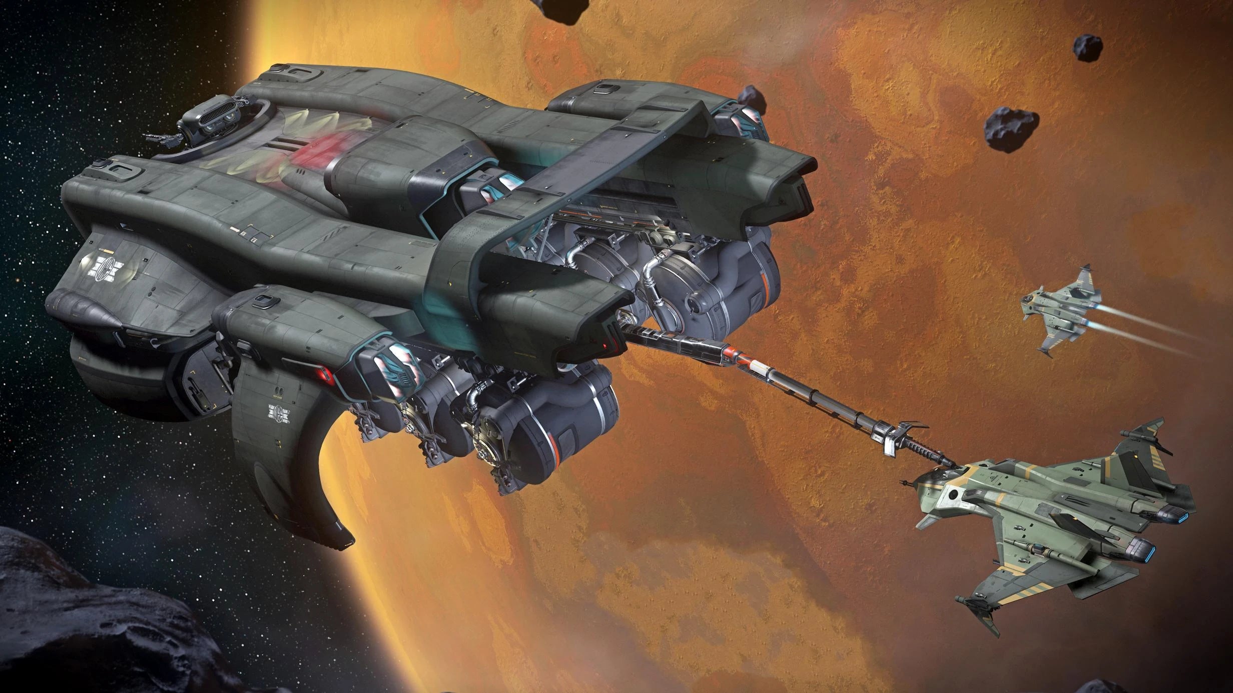 Starfarer Gemini - refueling Gladius over world in Star Citizen