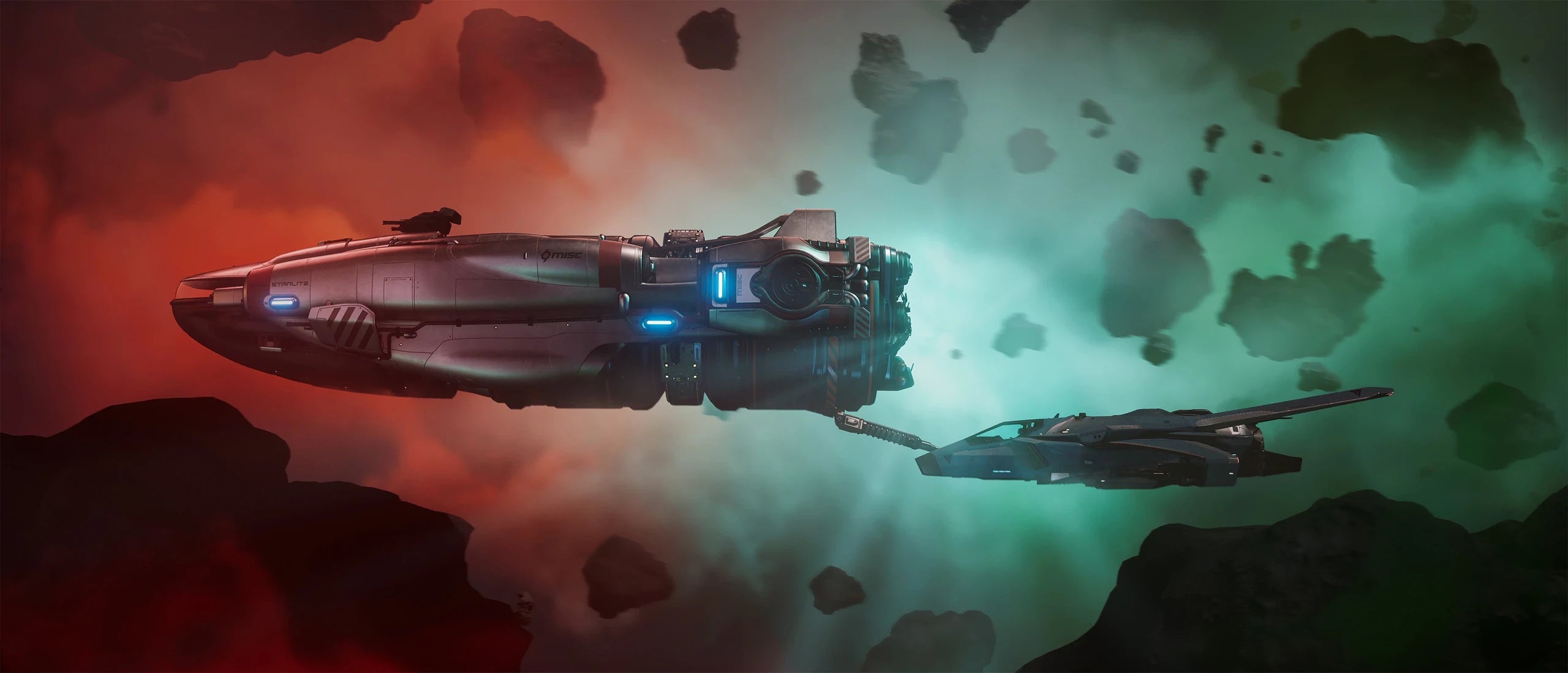 Starlite - refueling Hornet in red and green gaseous debris field in Star Citizen