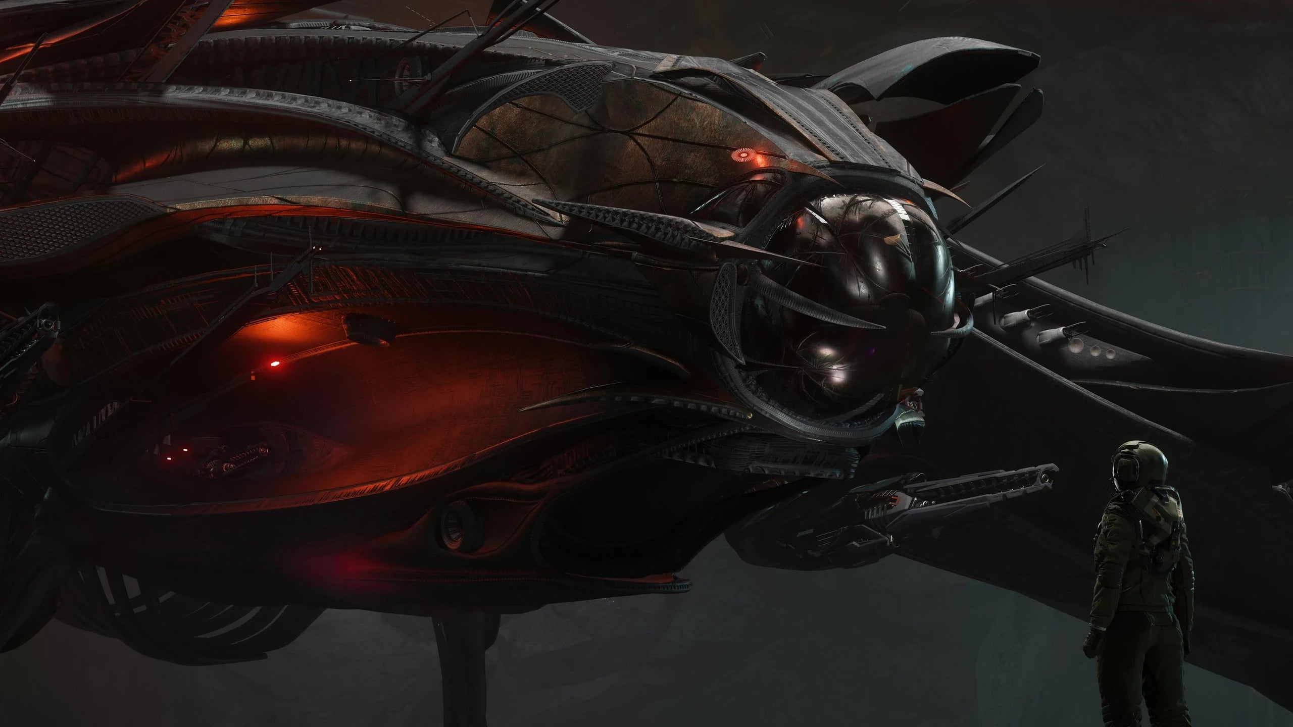 Stinger - landed in cave hanger with pilot looking at it - Close up in Star Citizen