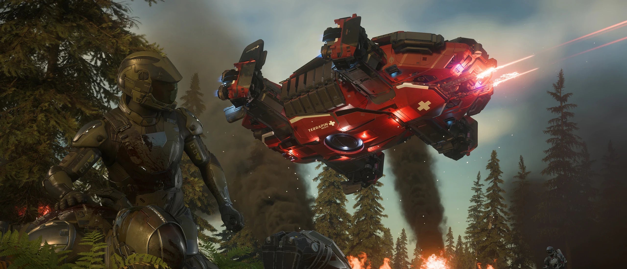 Terrapin Medic flying over forest firing weapons