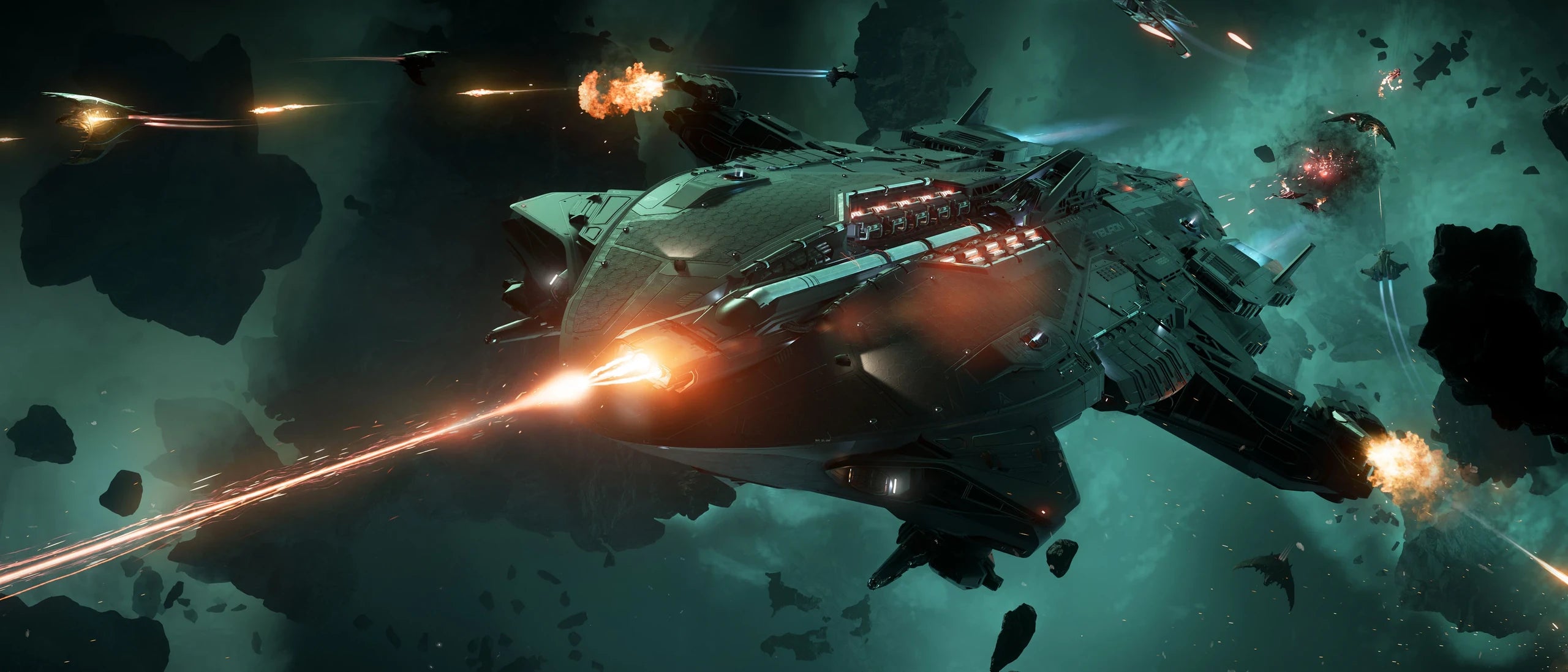Tiburon - flying through cloudy debris field firing weapons in Star Citizen