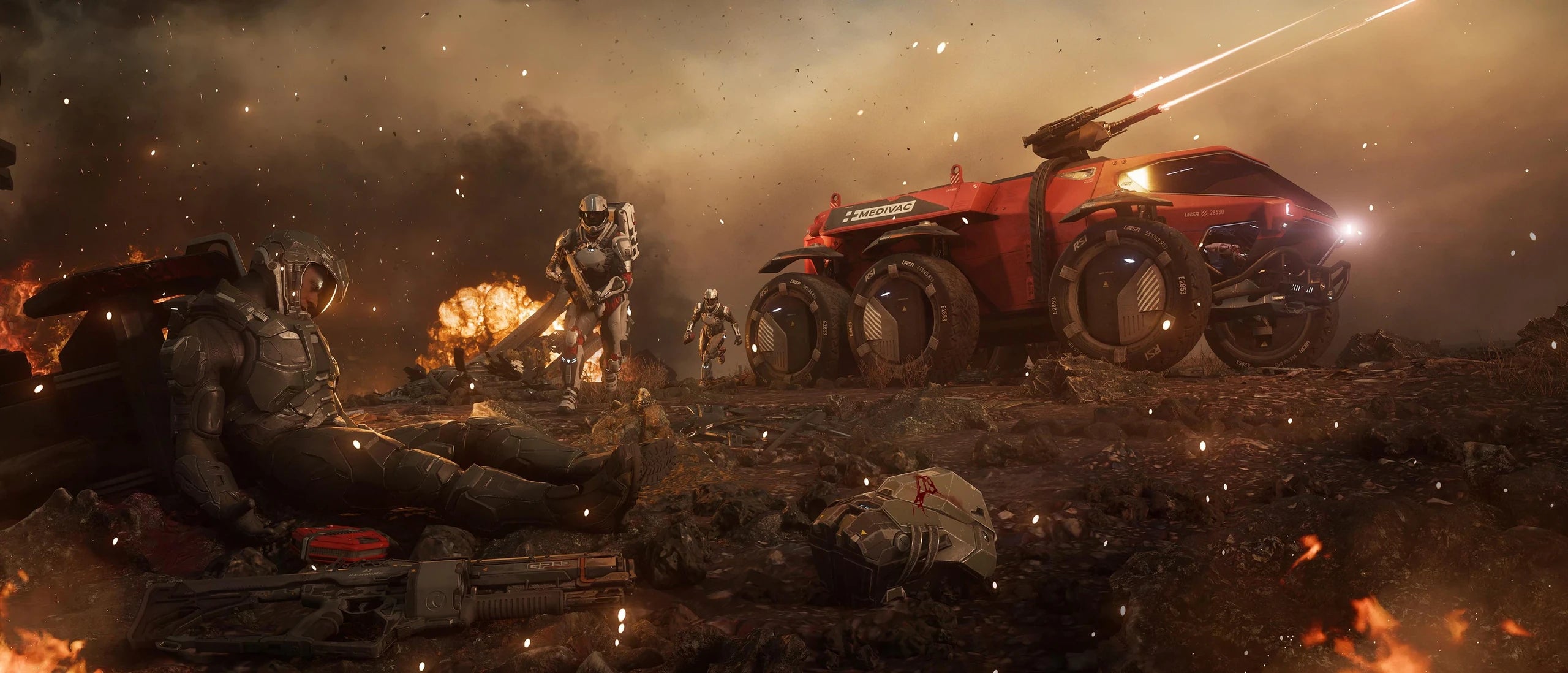 Ursa Medivac - at rescue site firing weapons in Star Citizen